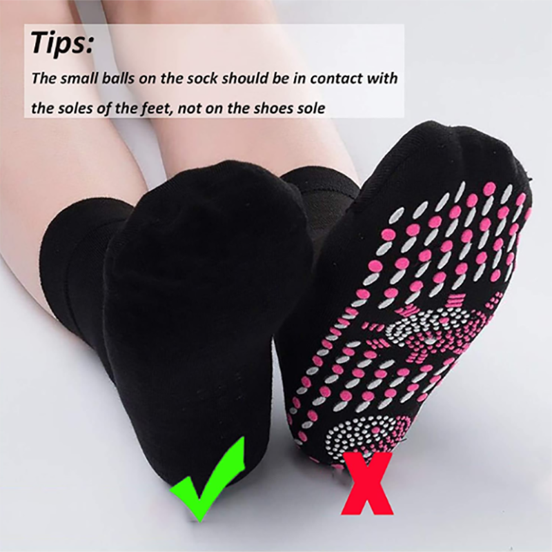 Winter self-heating health care socks, black with pink dot grip on footbed
