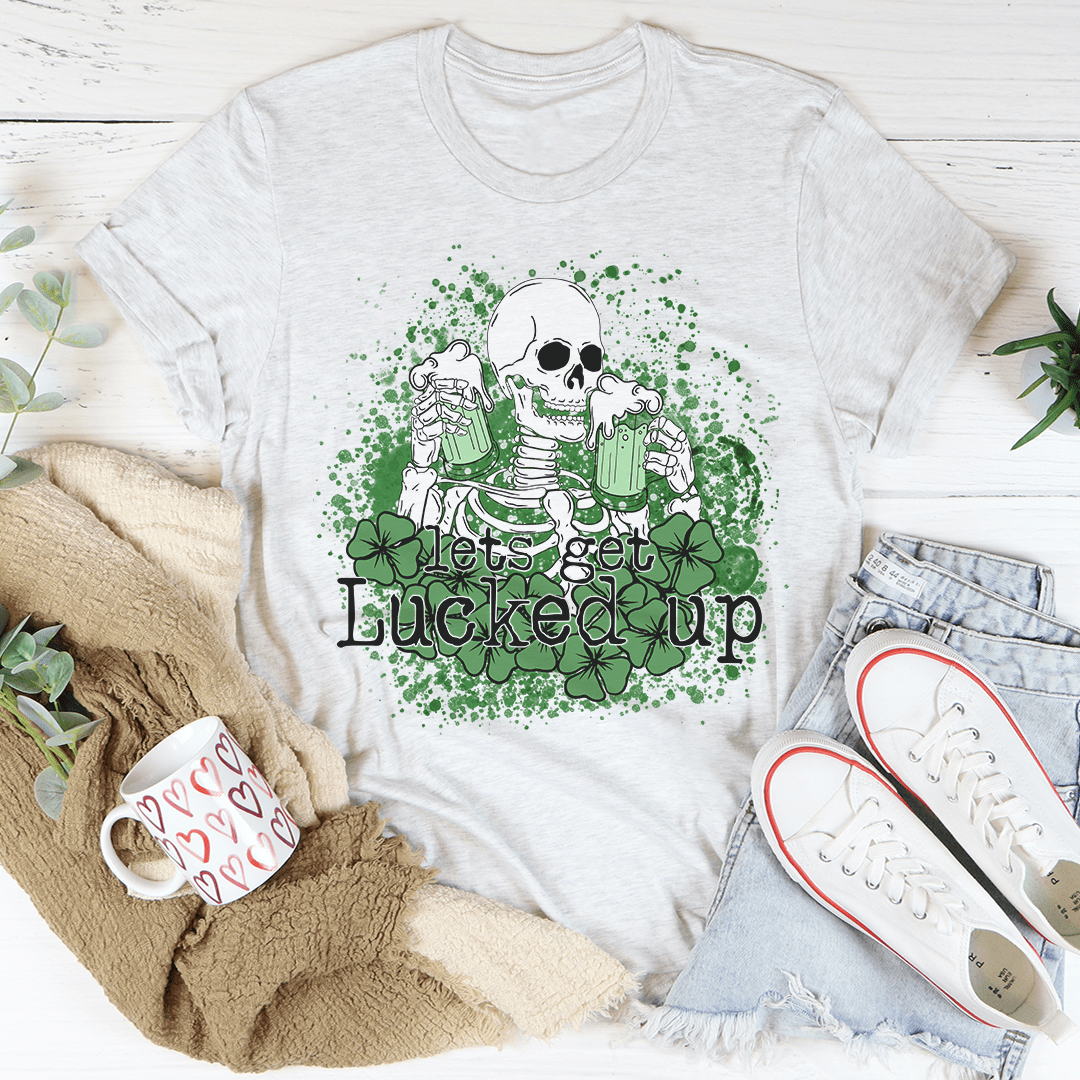 Heather gray crewneck T-shirt featuring centered green skull and beer leprechaun print