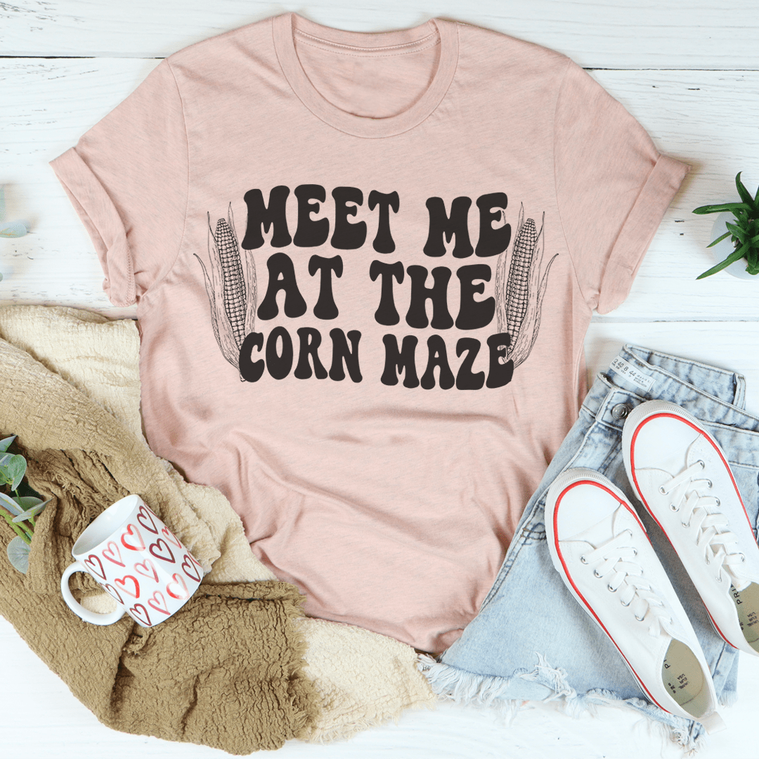 Peach T-shirt with “MEET ME AT THE CORN MAZE” front graphic
