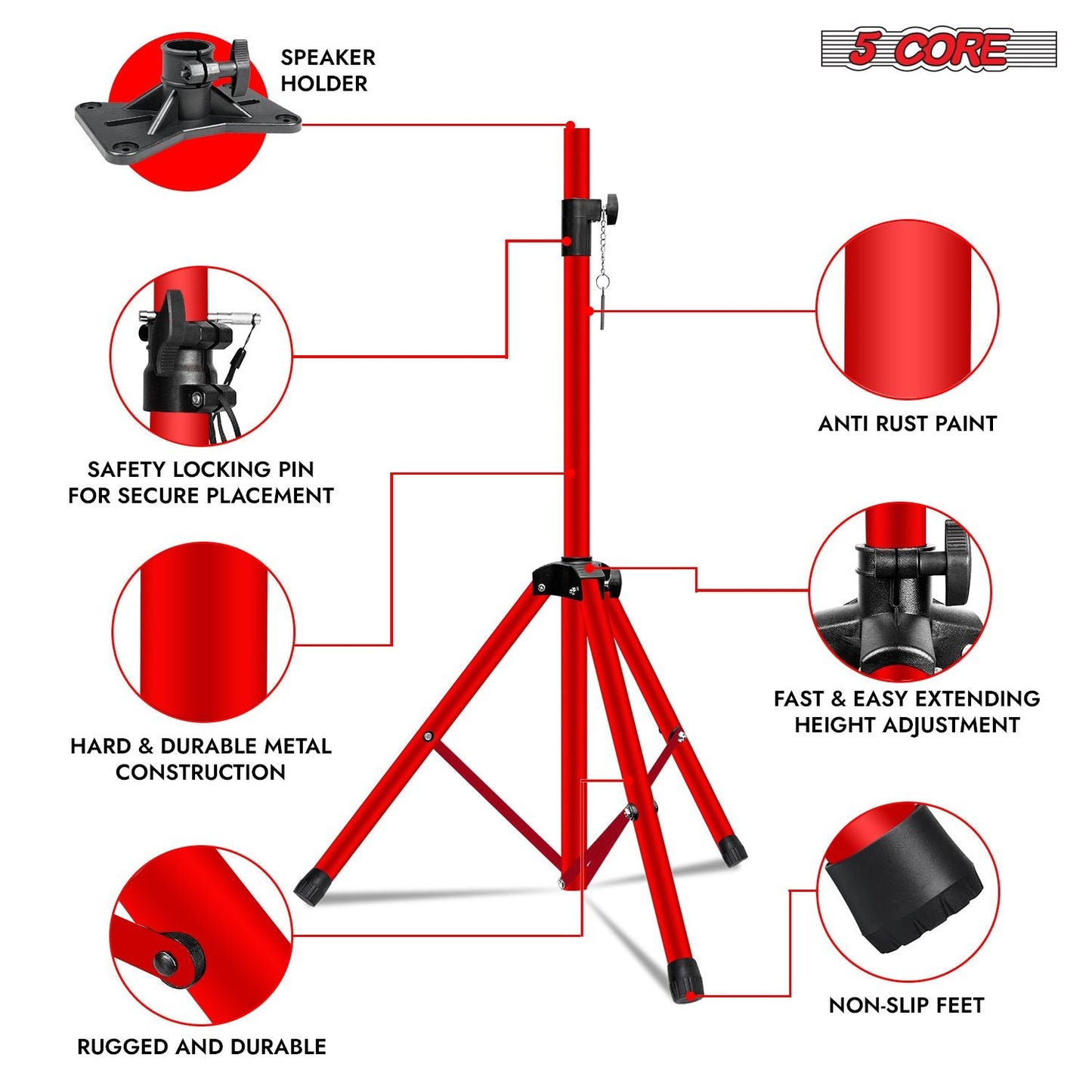 5 Core Speaker Stand Tripod Floor Tall Adjustable Up to 72 Inch DJ Studio Monitor Stands Pole Mount - SS ECO 1PK WOB