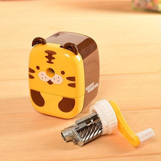 Handheld tiger-face pencil sharpener with yellow body and shaving catch