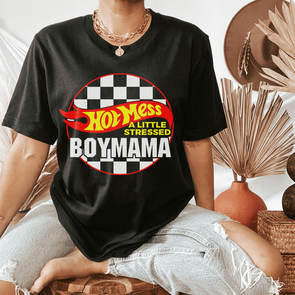 Black graphic T-shirt with Hot Mess Boymama logo print, worn with jeans