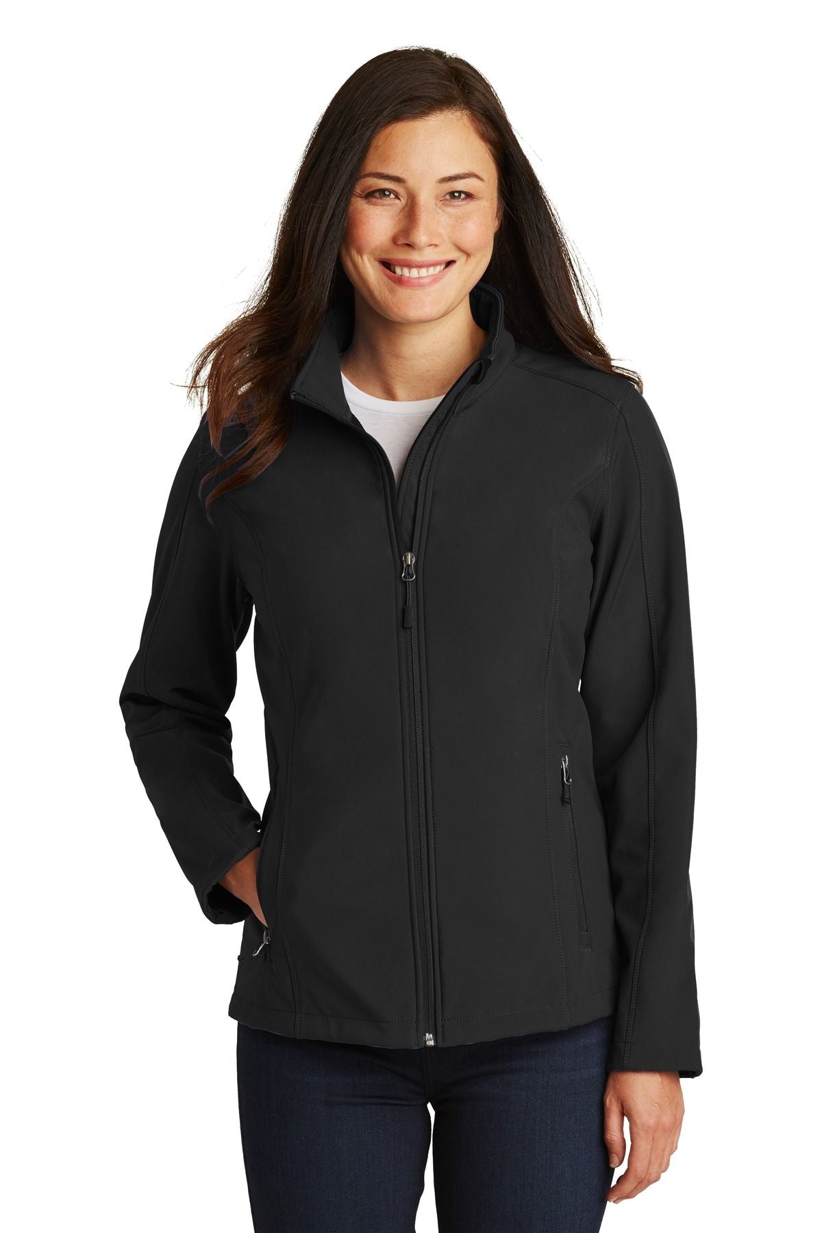 Ladies soft shell jacket in black with full-zip front and stand collar