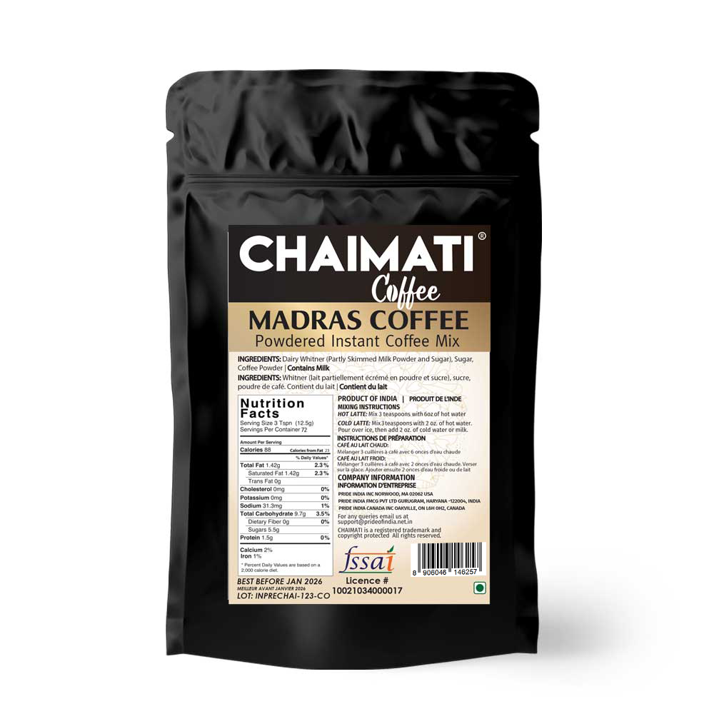Instant coffee mix pouch back, black with nutrition facts and barcode