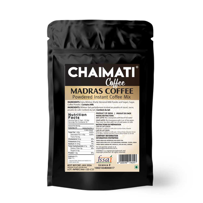 Instant coffee mix pouch back, black with nutrition facts and barcode