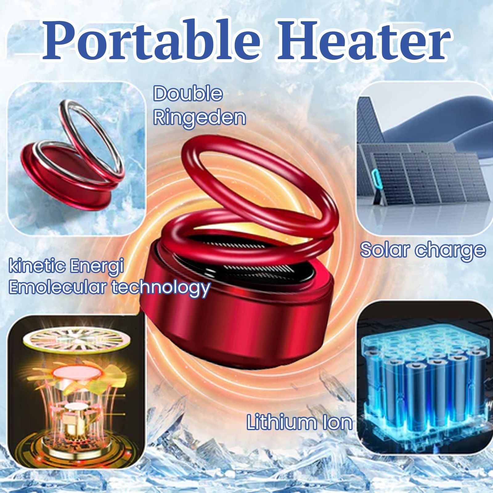 Portable heater infographic with red double-ring device and blue battery bars