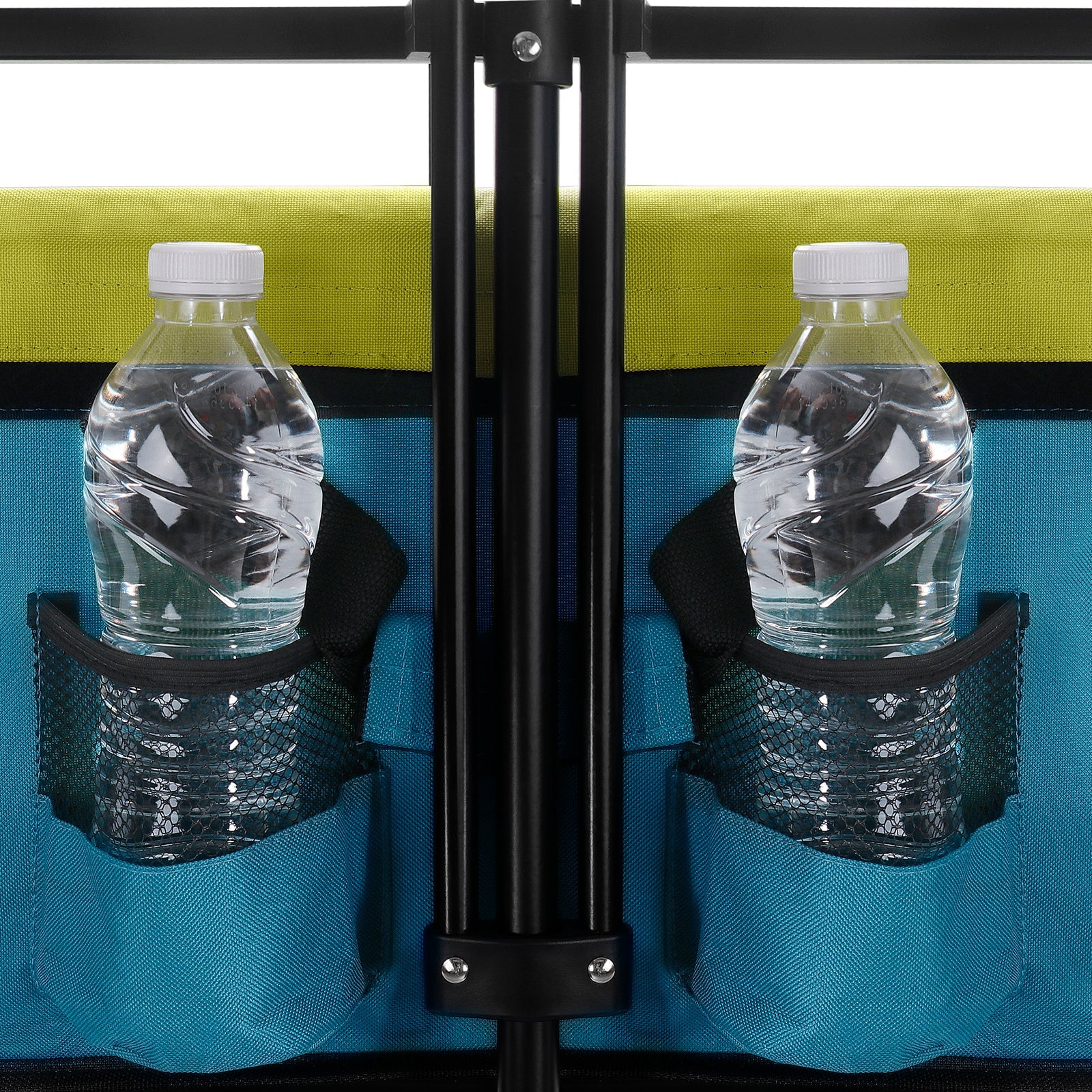 Collapsible folding utility wagon with two water bottle holders and blue side fabric