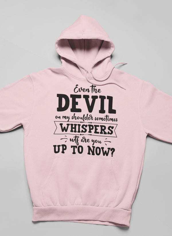 Pink hoodie with front devil graphic and hooded neckline