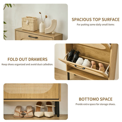 Rattan Shoe Cabinet with 2 Flip Doors, Narrow Freestanding Shoe Organizer, Modern Narrow Shoe Storage Cabinet with Metal Legs for Entryway, Hallway, Closet (Natural)