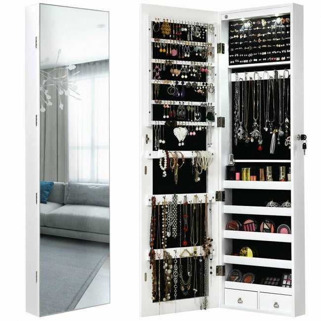 Wall-mounted mirrored jewelry cabinet with open doors, shelves, and earring hooks