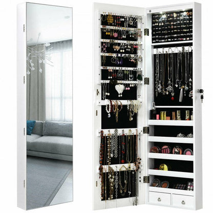 Wall-mounted mirrored jewelry cabinet with open doors, shelves, and earring hooks