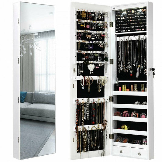 Wall-mounted mirrored jewelry cabinet with open doors, shelves, and earring hooks