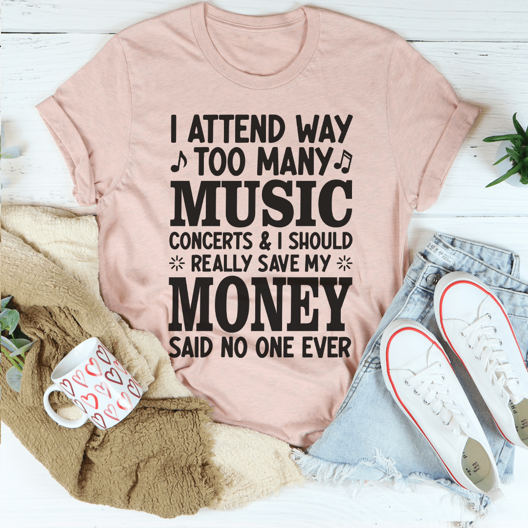 Light pink graphic music concert slogan T-shirt with bold MUSIC text
