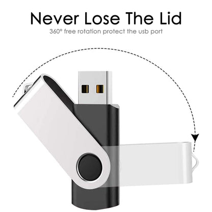 USB 2.0 metal flash drive with key-ring loop and 360-degree swivel cap, white and black