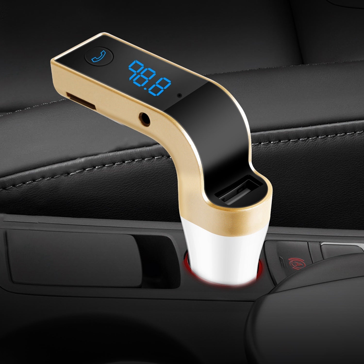 Gold car FM transmitter plugged in car socket, with LCD frequency display