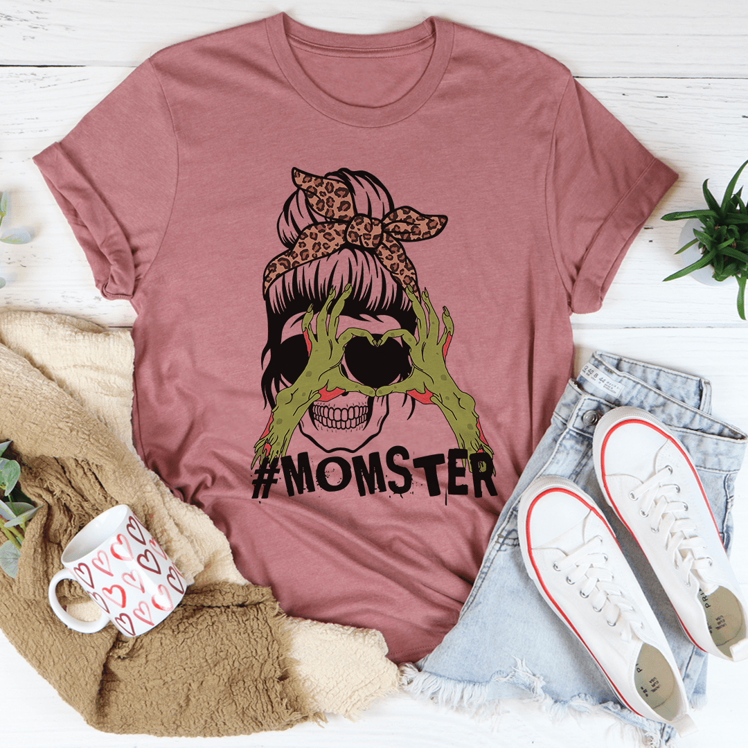 Zombie Mama T-shirt, mauve pink, #MOMSTER zombie portrait graphic, short sleeves
