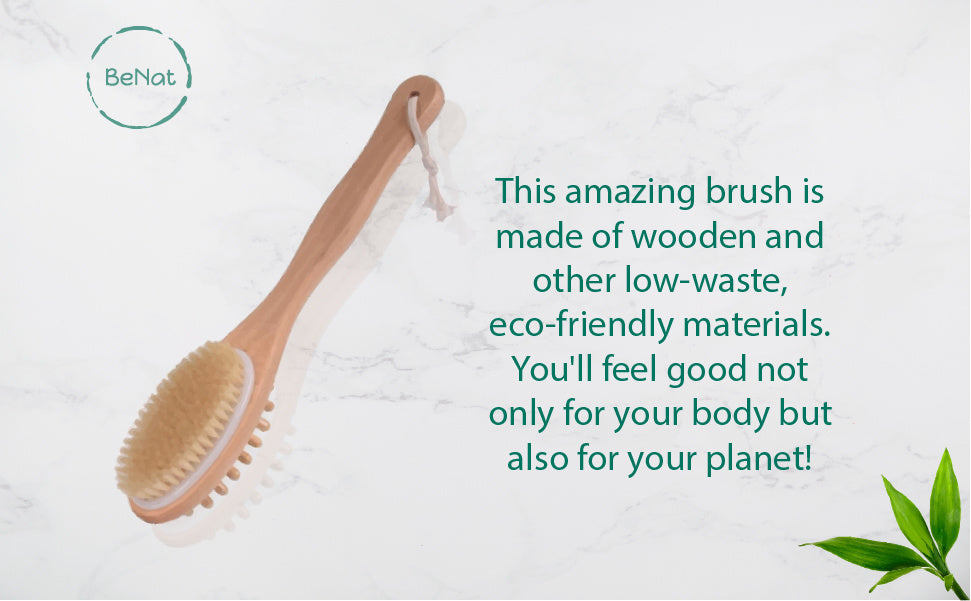 Wooden bath massage brush with oval tan bristle head and tassel pull cord