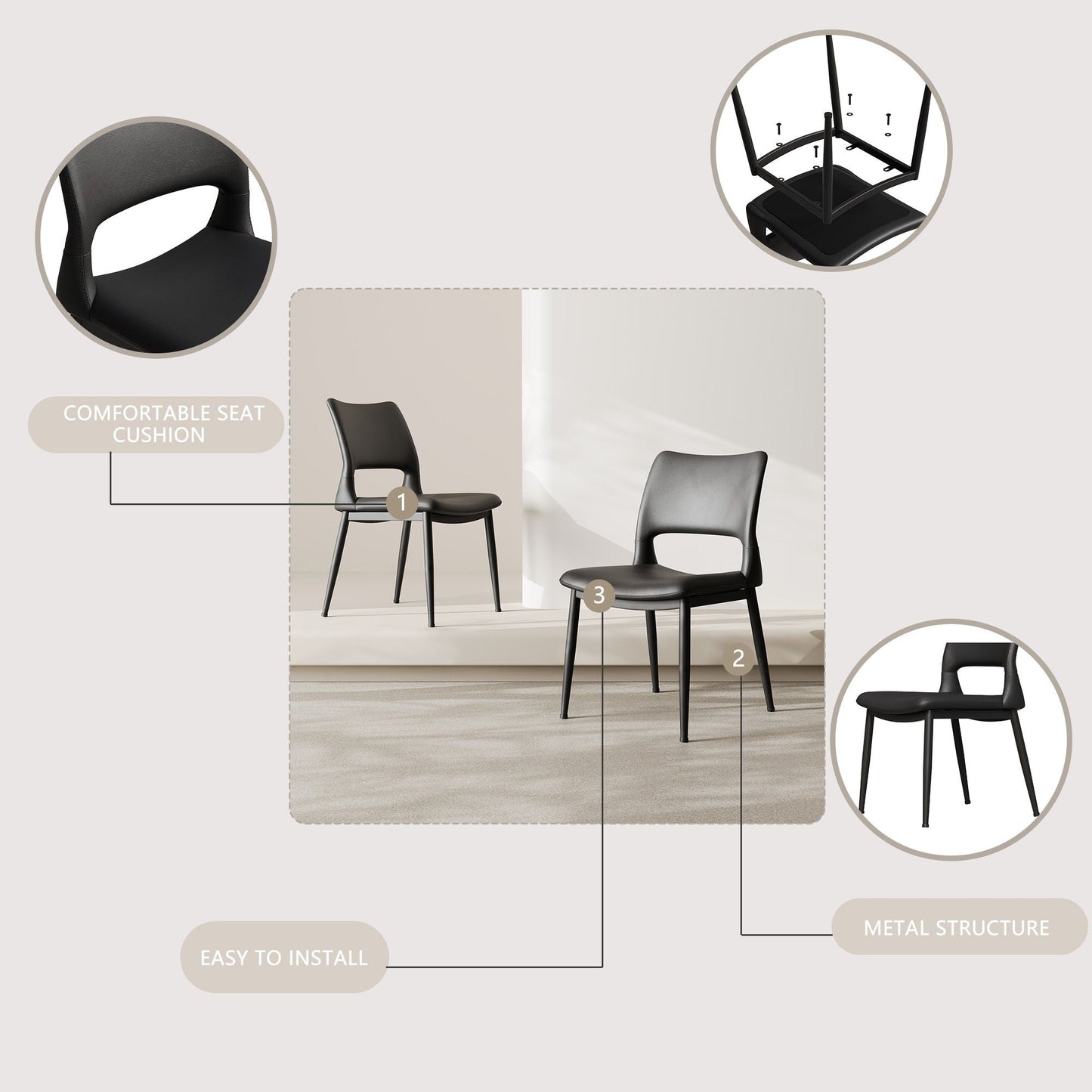 Modern minimalist black PU leather Dining Chairs Set of 2, comfortable backrest design, metal leg support, suitable for restaurants, kitchens, and offices.