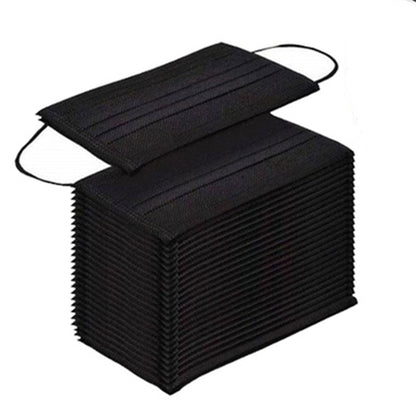 Pack of black disposable 3-ply face masks with elastic ear loops, neatly stacked