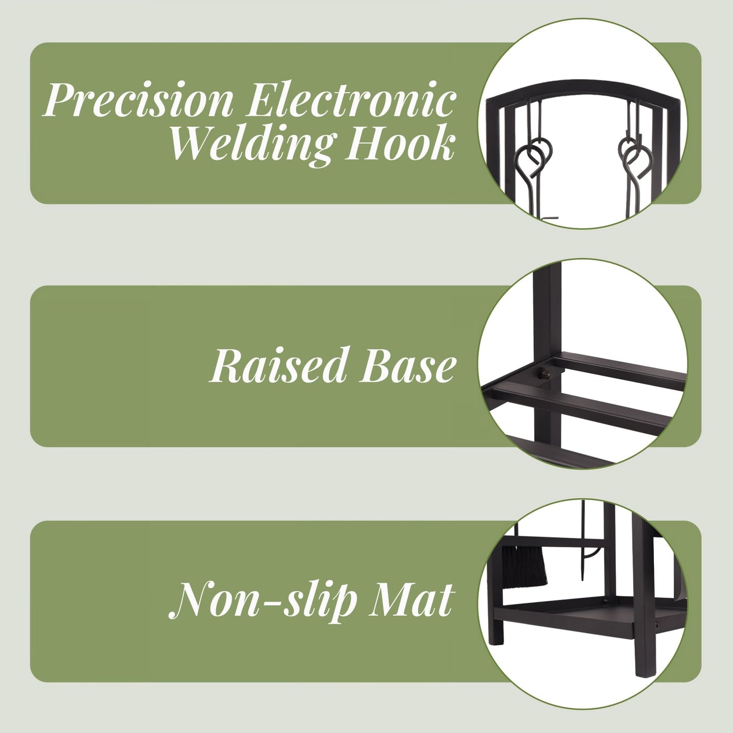 Black firewood rack base detail with raised frame and welding hook callouts