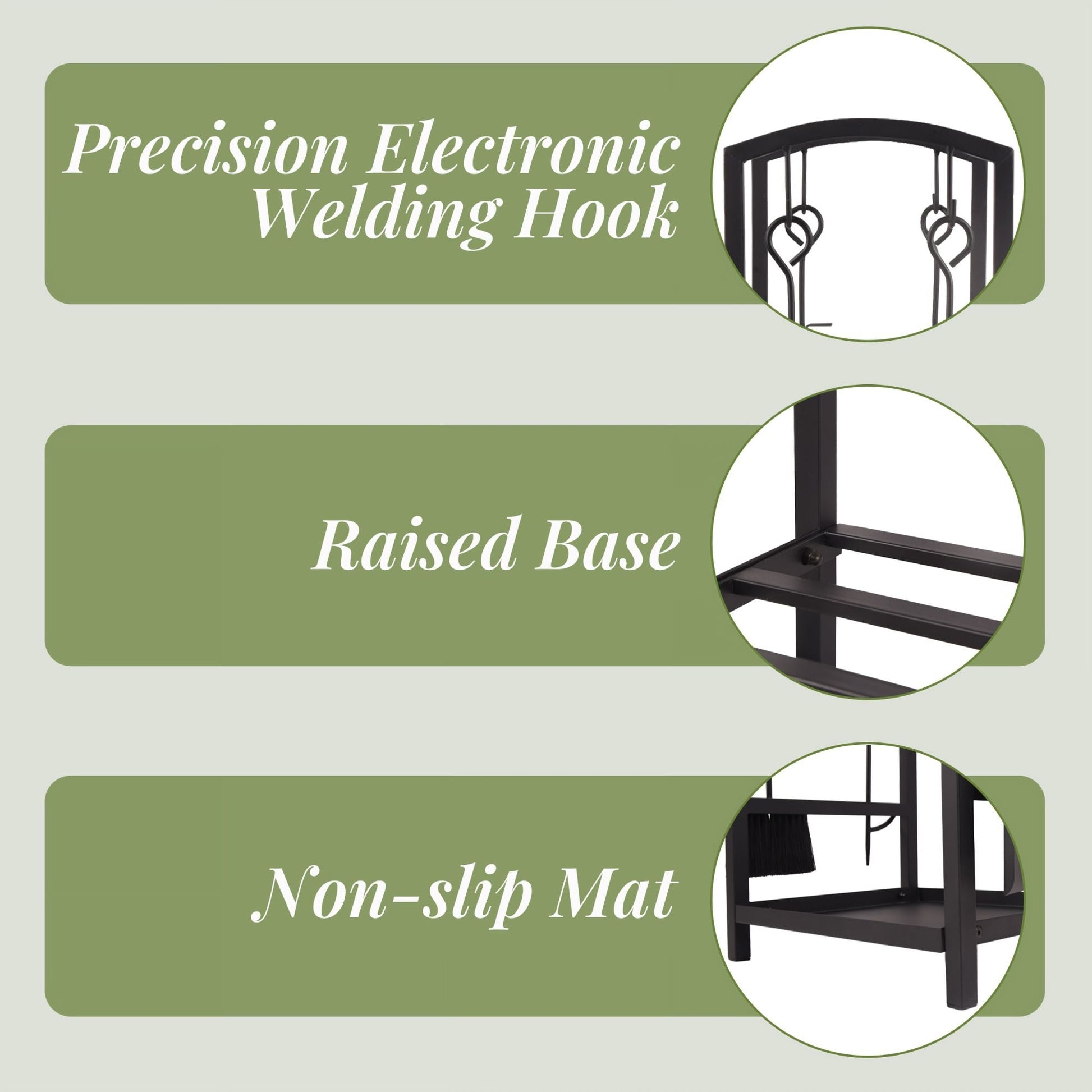 Black firewood rack base detail with raised frame and welding hook callouts