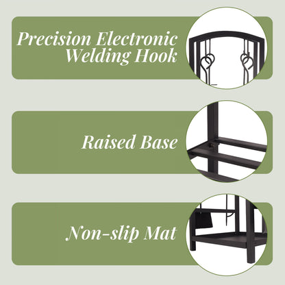 Black firewood rack base detail with raised frame and welding hook callouts