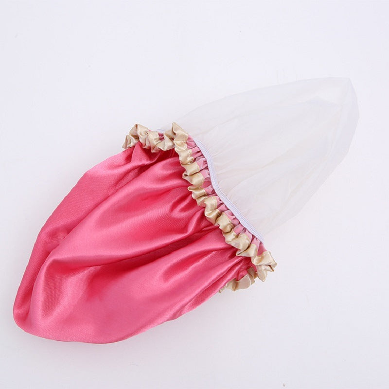 Pink satin shower cap with gathered elastic ruffle trim