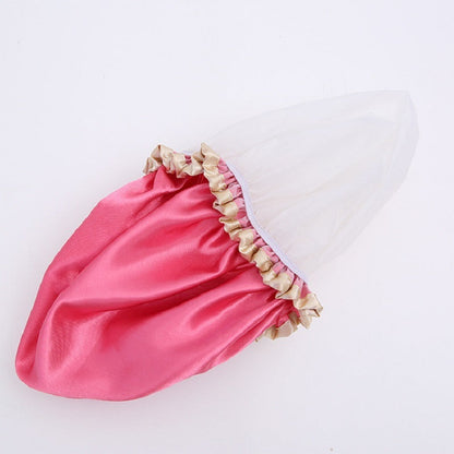 Pink satin shower cap with gathered elastic ruffle trim