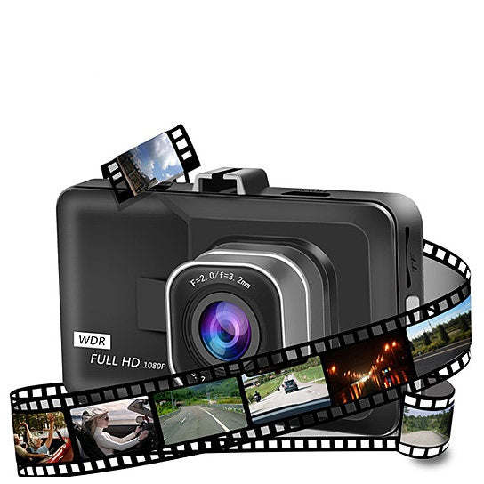 Car dash cam with wide-angle lens and looping film strip graphic overlay
