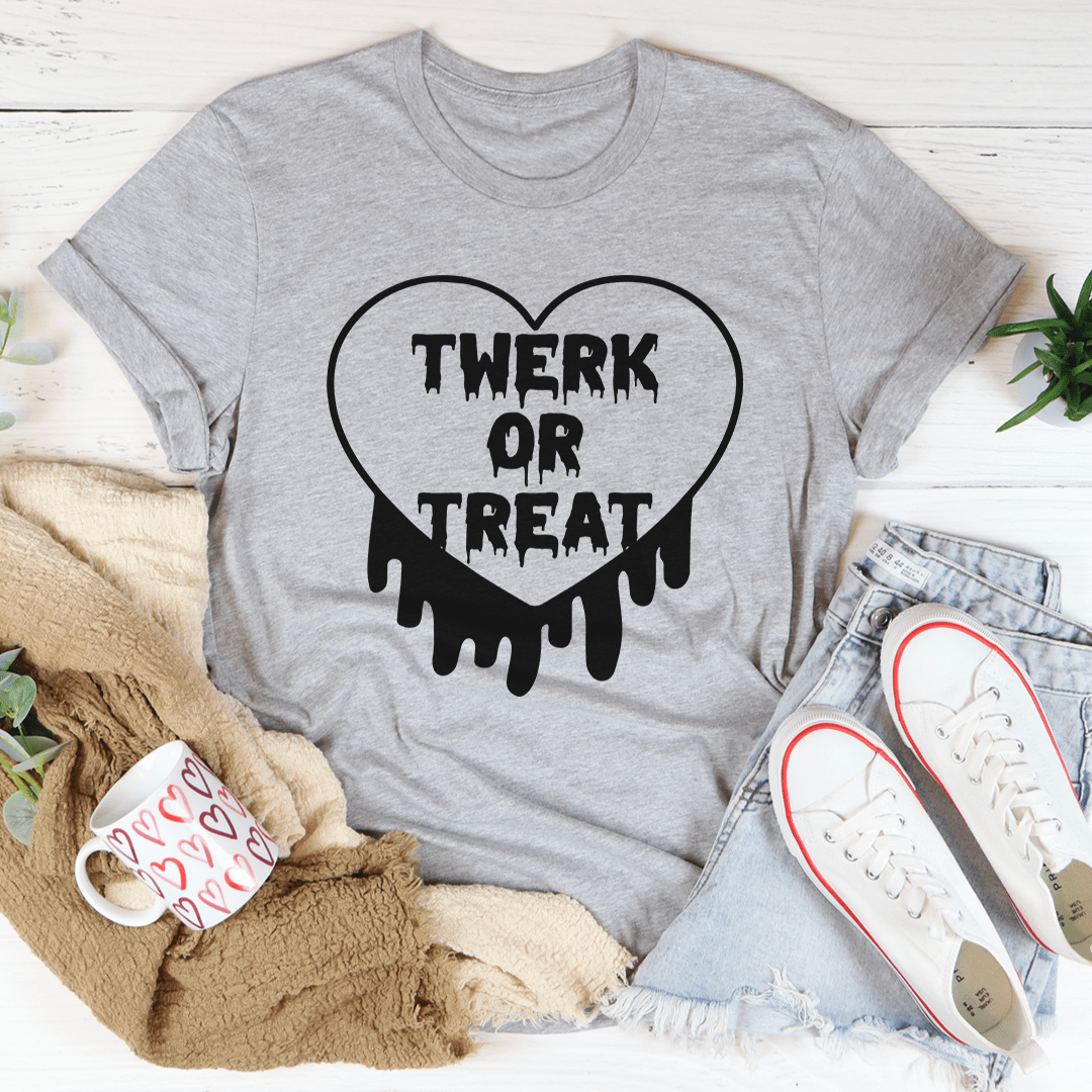 Light grey T-shirt with black heart graphic reading "TWERK OR TREAT".