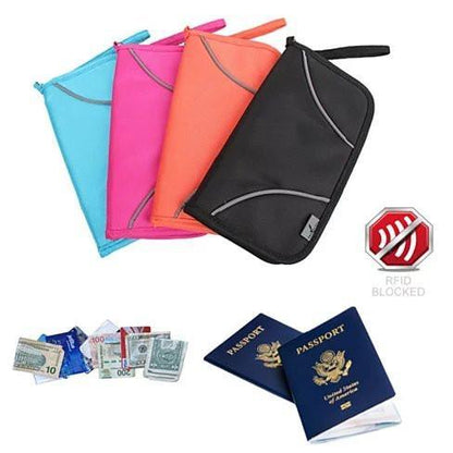 RFID passport wallet set in sky blue, hot pink, orange, and black