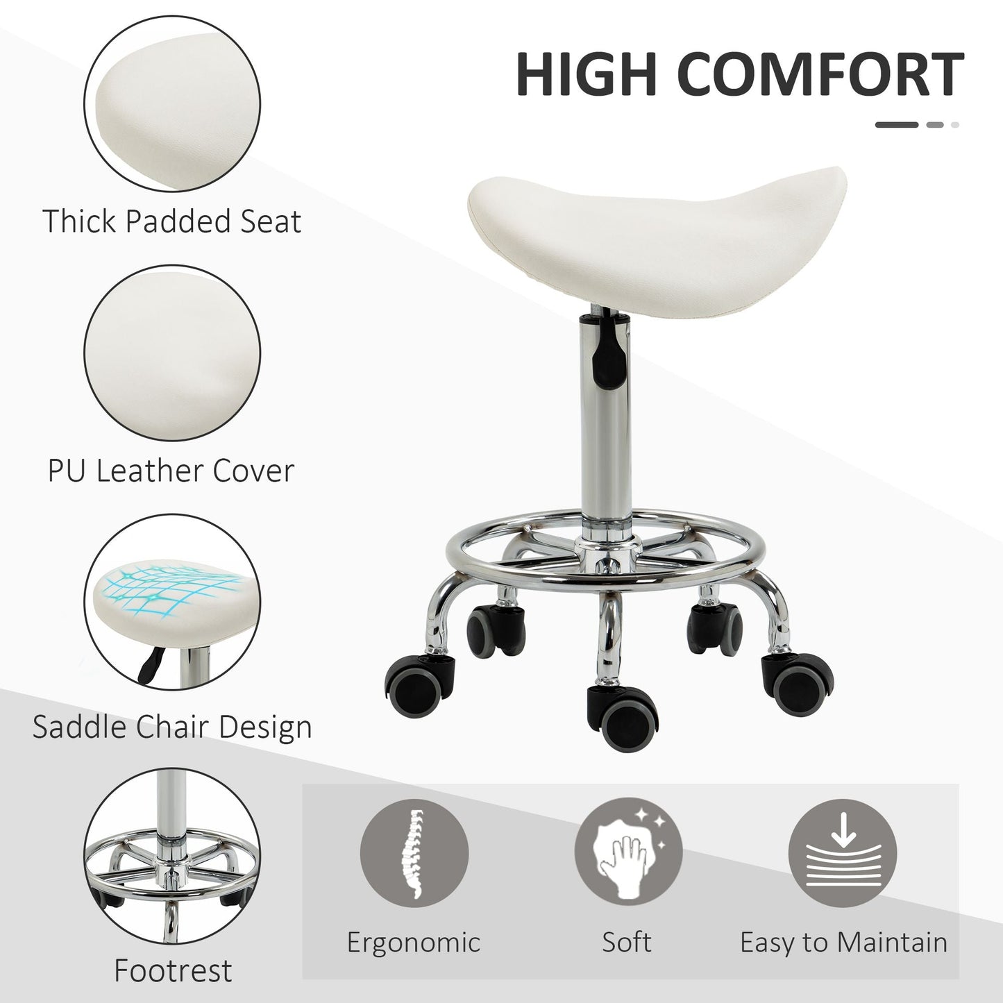 Saddle Stool PU Leather Adjustable Rolling Salon Chair White for Massage Spa Clinic Beauty Tattoo