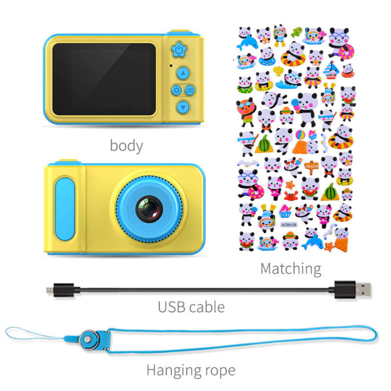 Kids mini digital video camera, yellow body with blue accents, front lens and LCD