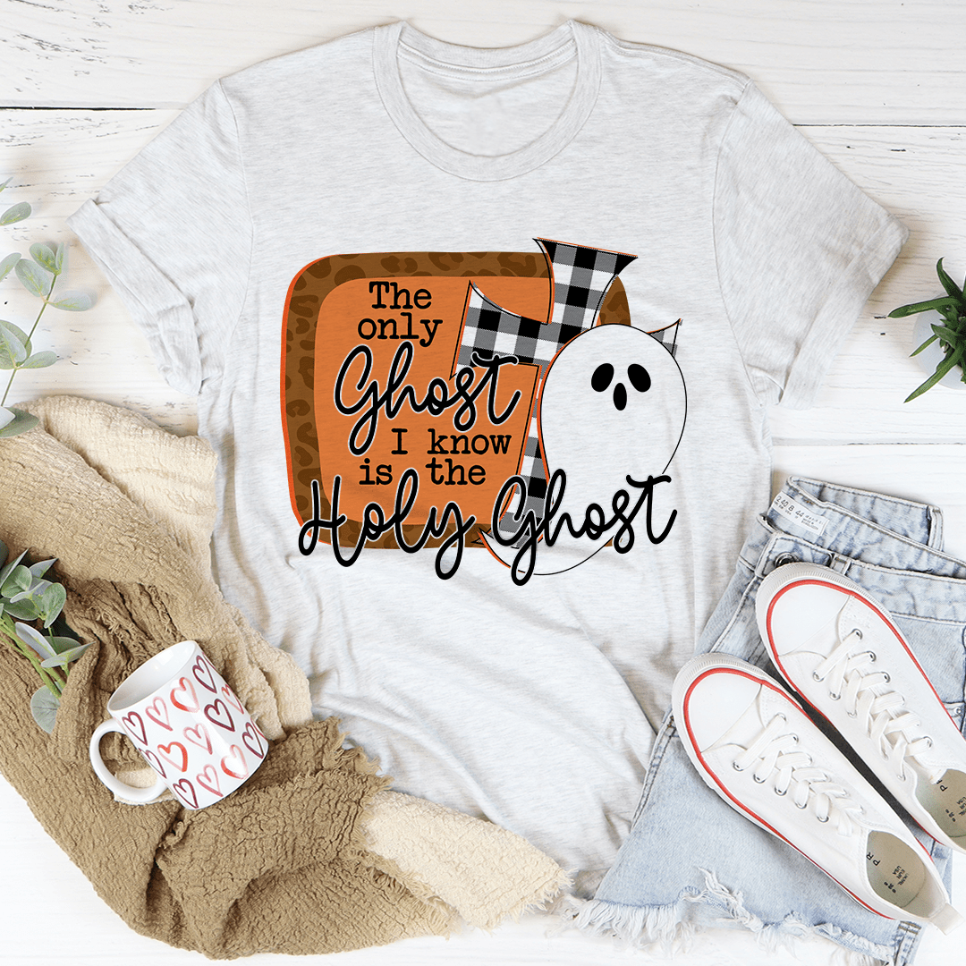 Light gray T-shirt with front ghost graphic and orange lettering