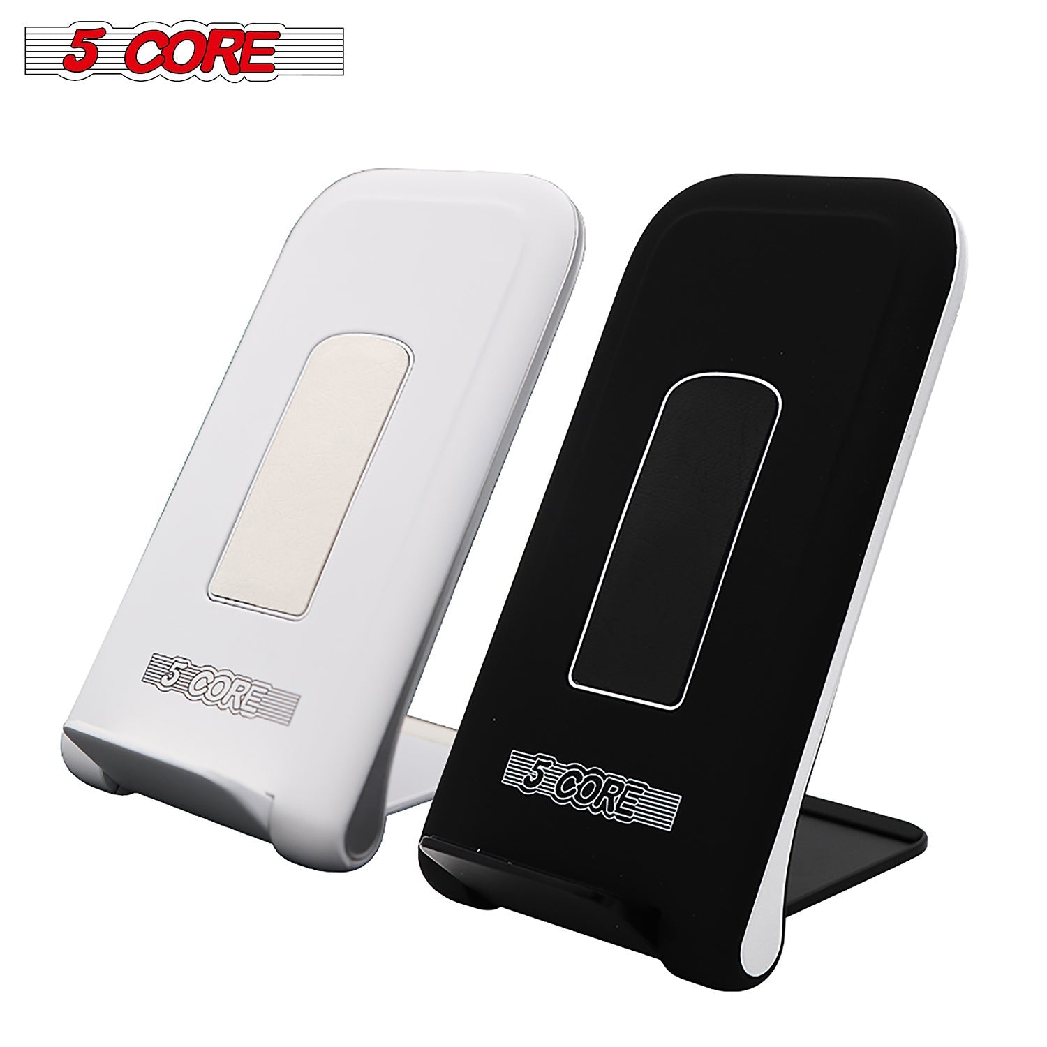 Dual wireless charger stands, white and black, each with a rectangular charging area