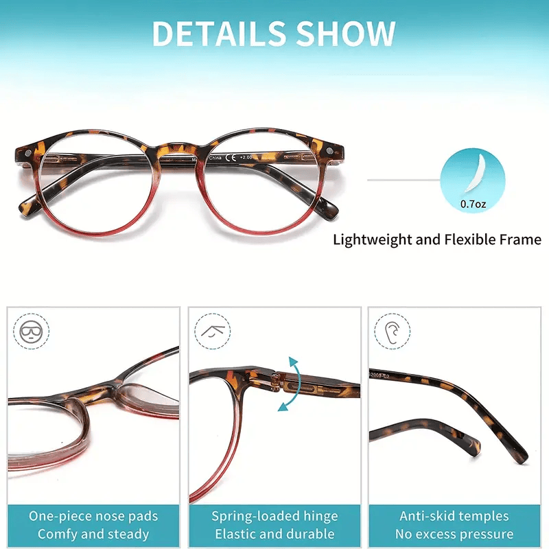 Tortoiseshell round reading glasses with spring hinge and anti-slip temple design