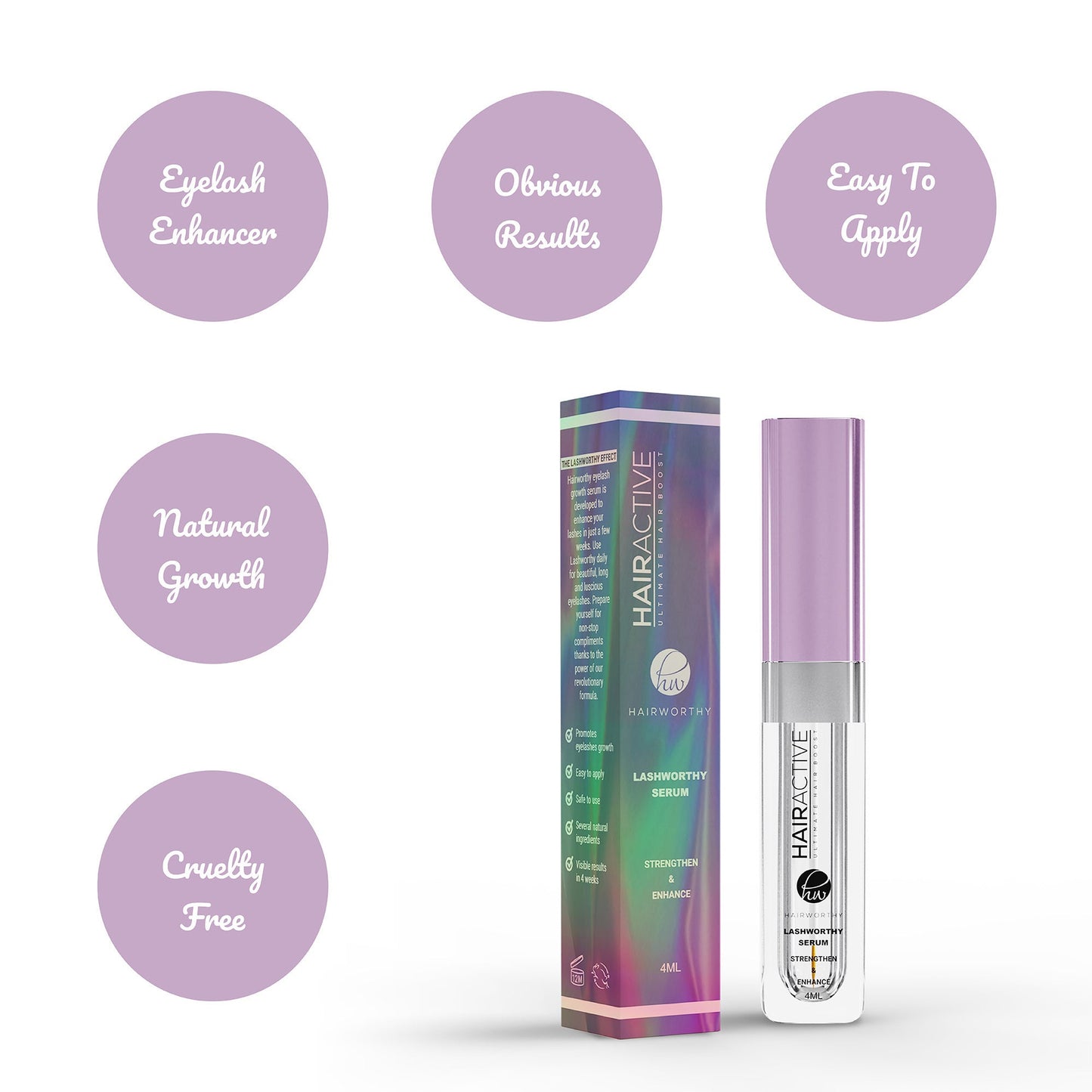Eyelash serum bottle with purple cap next to purple-and-blue product box and apply icons.