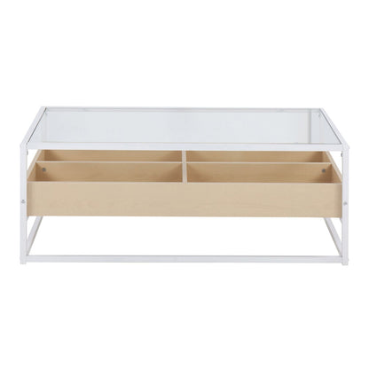 Display Contemporary Coffee Table in White Metal, Natural Wood, and Clear Glass by