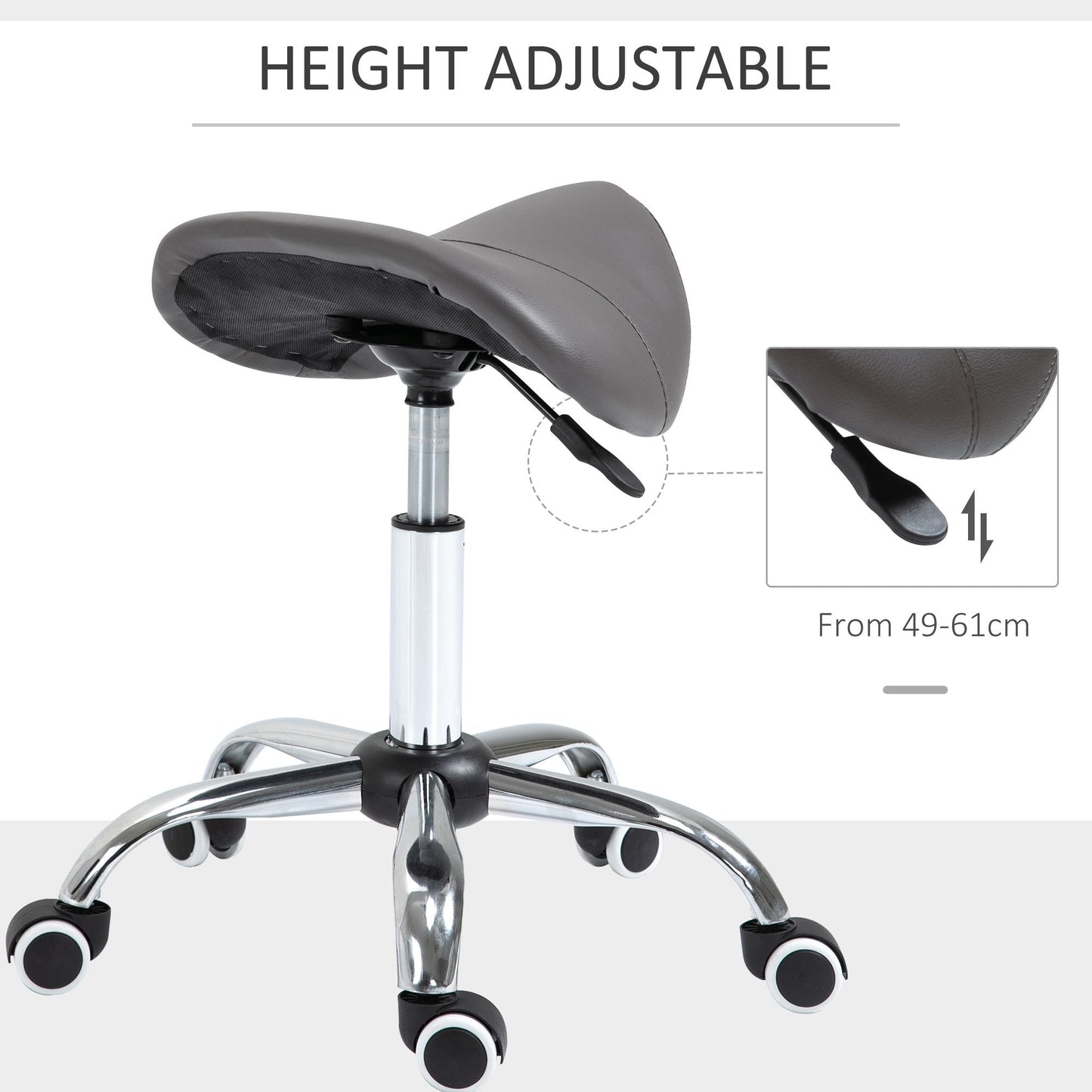 Saddle Stool Adjustable Hydraulic Rolling Beauty Salon Stool Ergonomic PU Leather Stool Round Grey