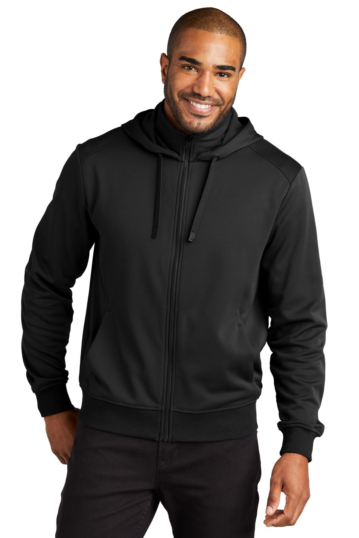 Hooded fleece zip jacket in Deep Black, full-front zipper and drawstring hood