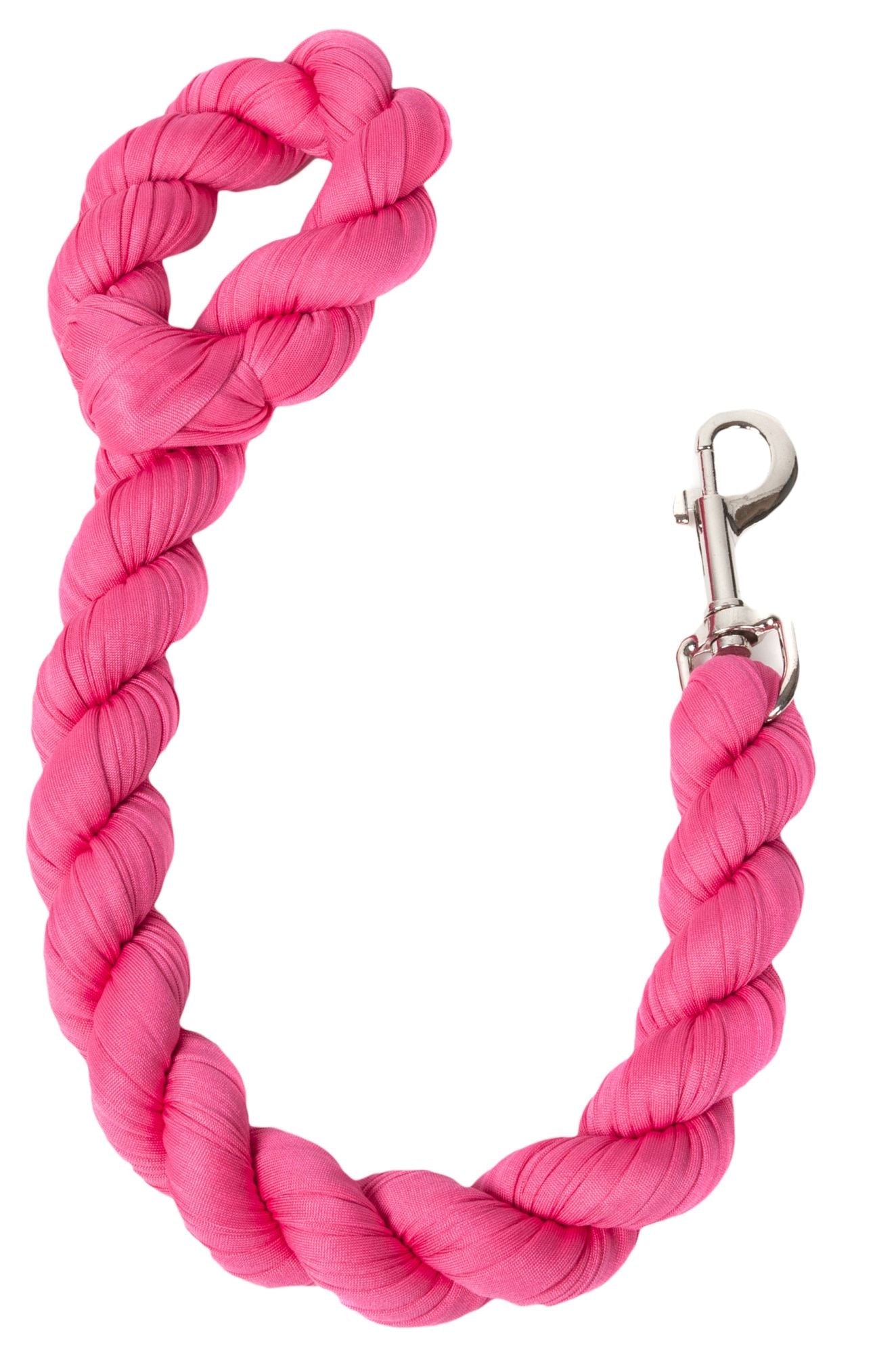 Pink braided woven dog leash with metal swivel clasp and looped handle section