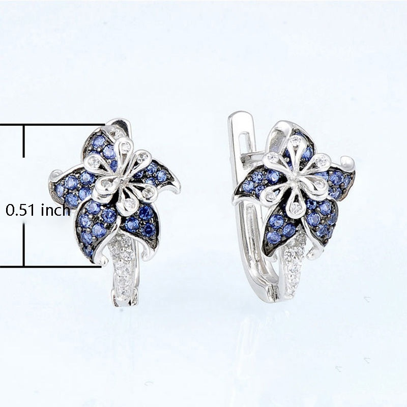 Blue and clear zircon double-flower earrings, 0.51 inch size shown
