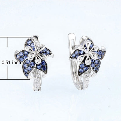Blue and clear zircon double-flower earrings, 0.51 inch size shown