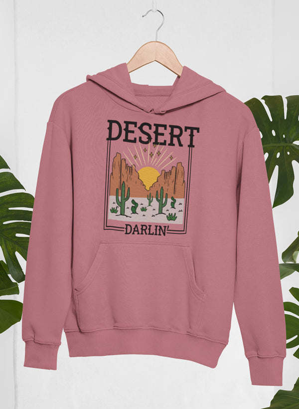 Mauve hoodie with centered desert scene graphic and text 'DESERT DARLIN''