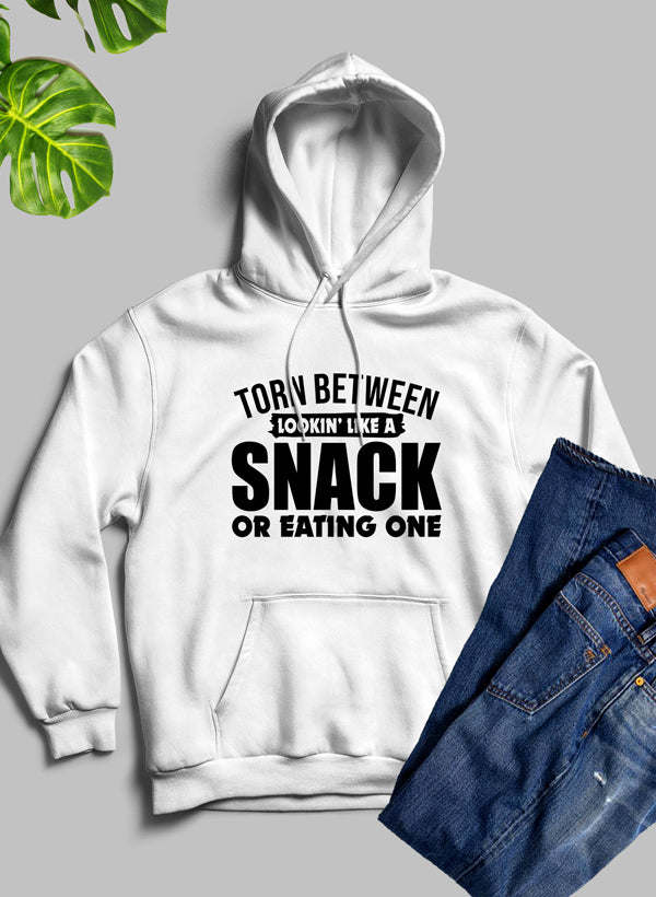 White hoodie with front pocket and hood, large 'SNACK' graphic print