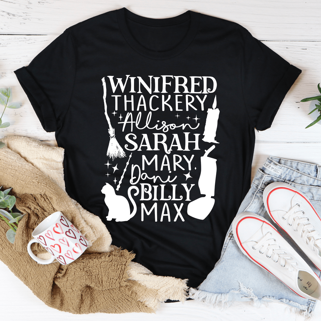Black crew-neck T-shirt with front typographic graphic and cat silhouettes
