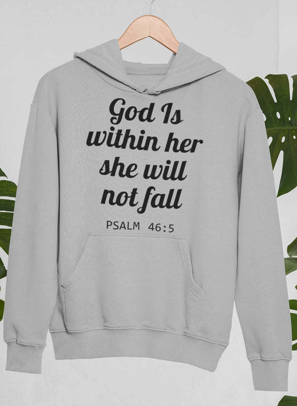 Heather gray hoodie with front pocket and scripture graphic, Psalm 46:5