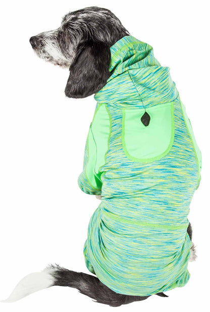 Green and blue heathered dog hoodie with zip hood and open front leg openings