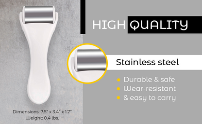 Body massage ice roller showing stainless steel roller cylinder on white body