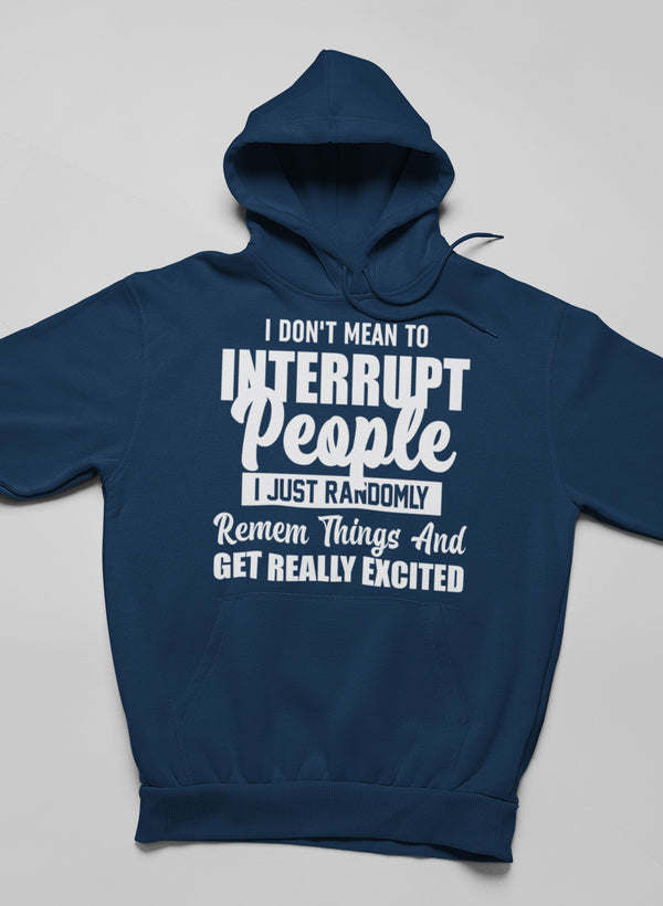 Navy pullover hoodie with front statement print and kangaroo pocket.